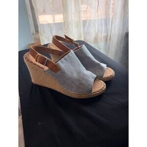 Toms Denim Espadrille Wedge Sandals Brown Leather Strap Slingback Women 8.5